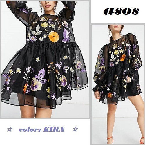 ASOS★フラワー刺繍ディテールミニスモックドレス♪ ASOS★フラワー刺繍ディテールミニスモックドレス♪