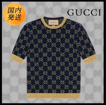 GUCCI V-neck & Crew neck Crew Neck Monogram Casual Style Nylon Rib Blended Fabrics