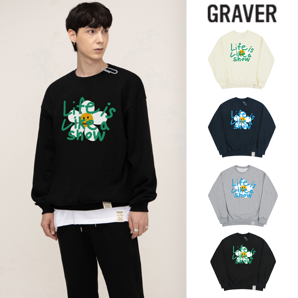 【GRAVER】22FW★ Drawing White Flower Smile Sweatshirt