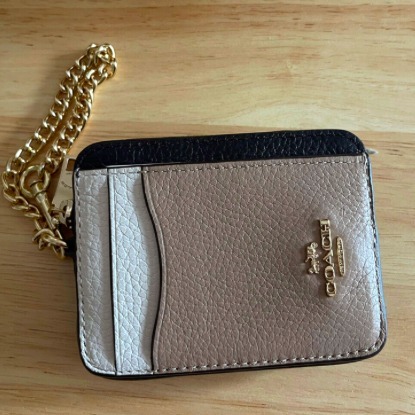 セールCoachカラーブロックジップカードケースチェーンお財布