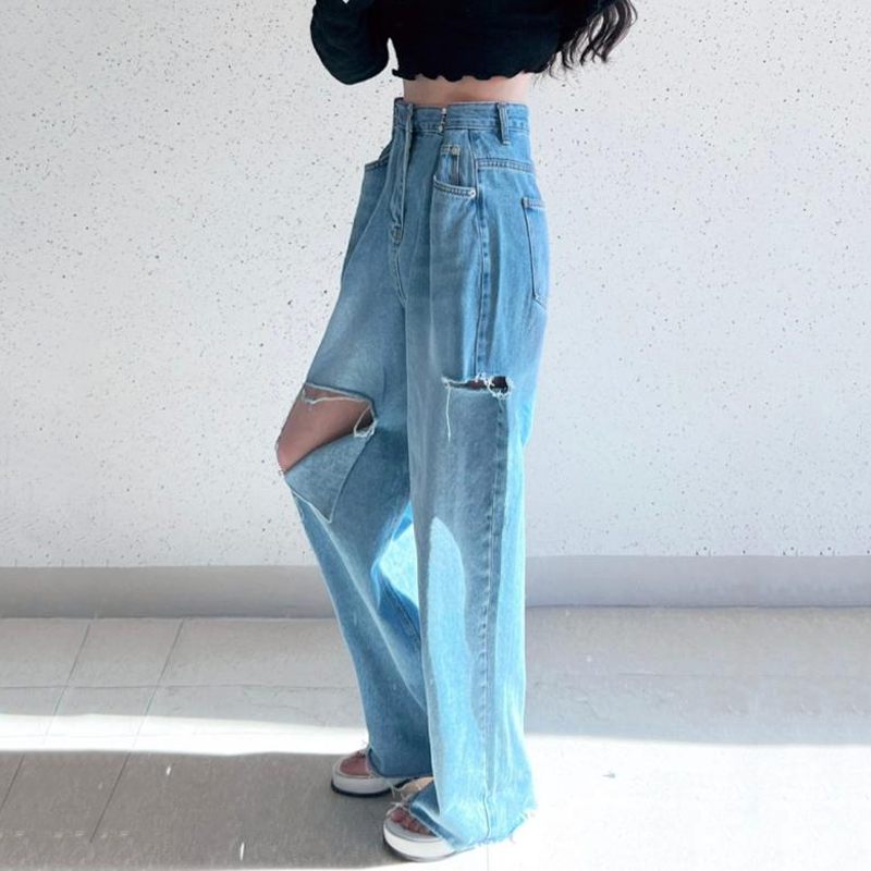 オシャレ クラッシュ ルーズ デニムパンツ