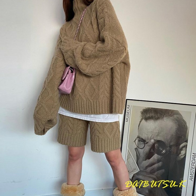 ツーピース セーター ニット トップス パンツ ケーブル 可愛い