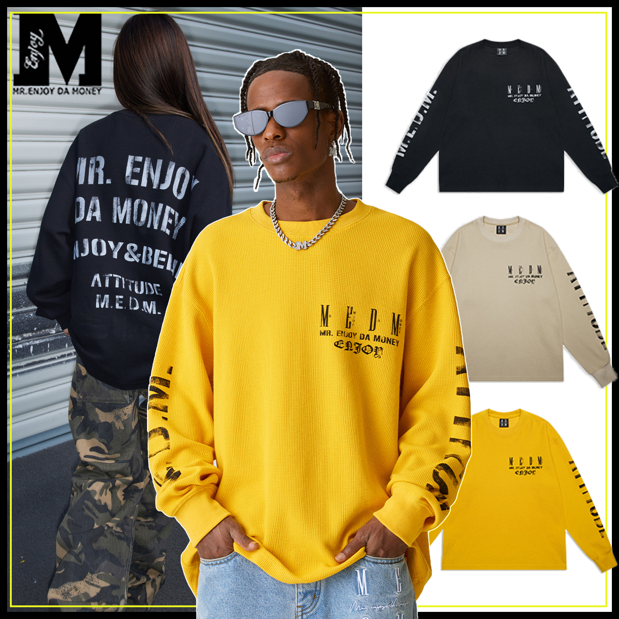MEDM 新作Tシャツ 長袖 ワッフル プリント 人気 男女兼用 ルーズ