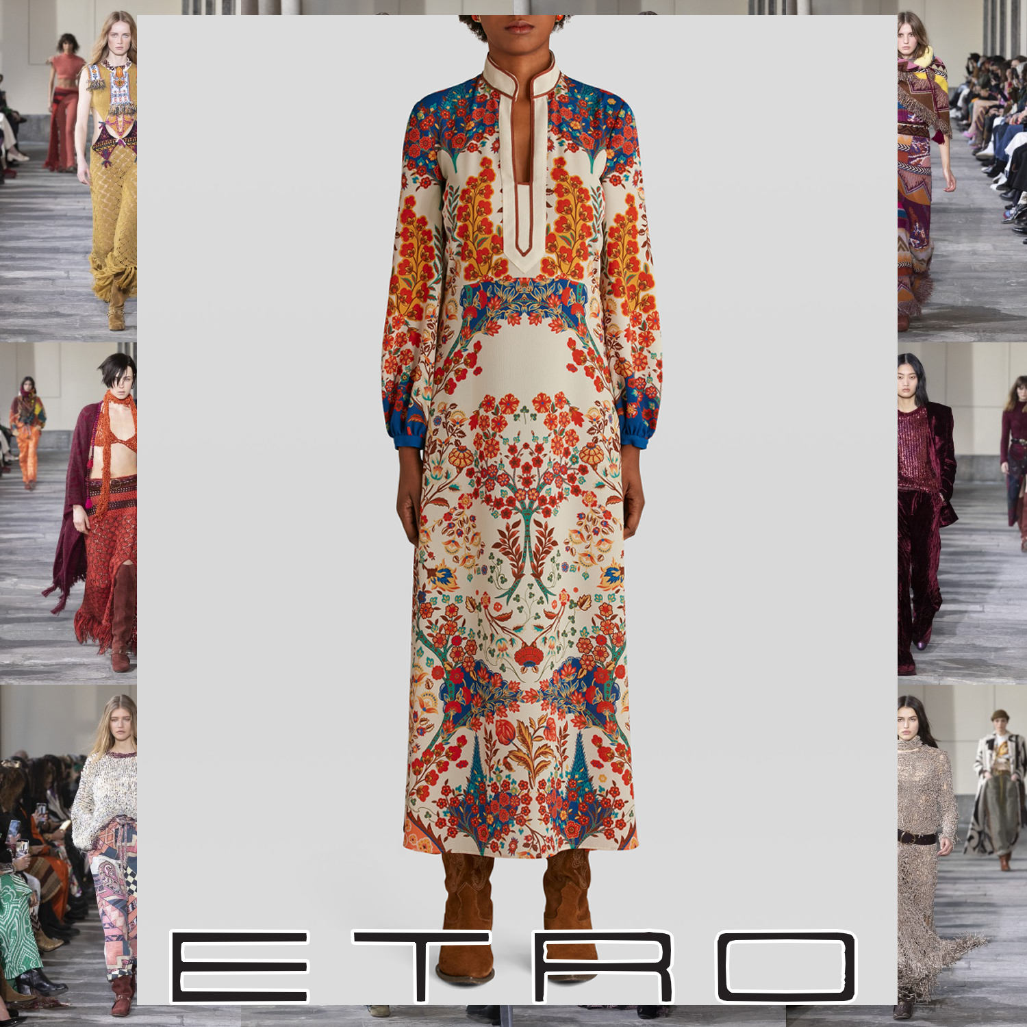 ETRO リーフフラワープリント ロングドレス ホワイト
