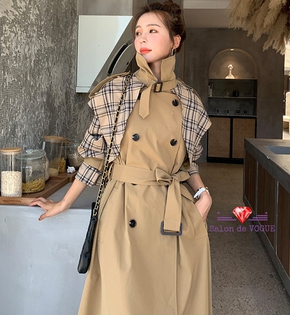 トレンチコート ロング チェック柄 ダブル おしゃれ 大人可愛い