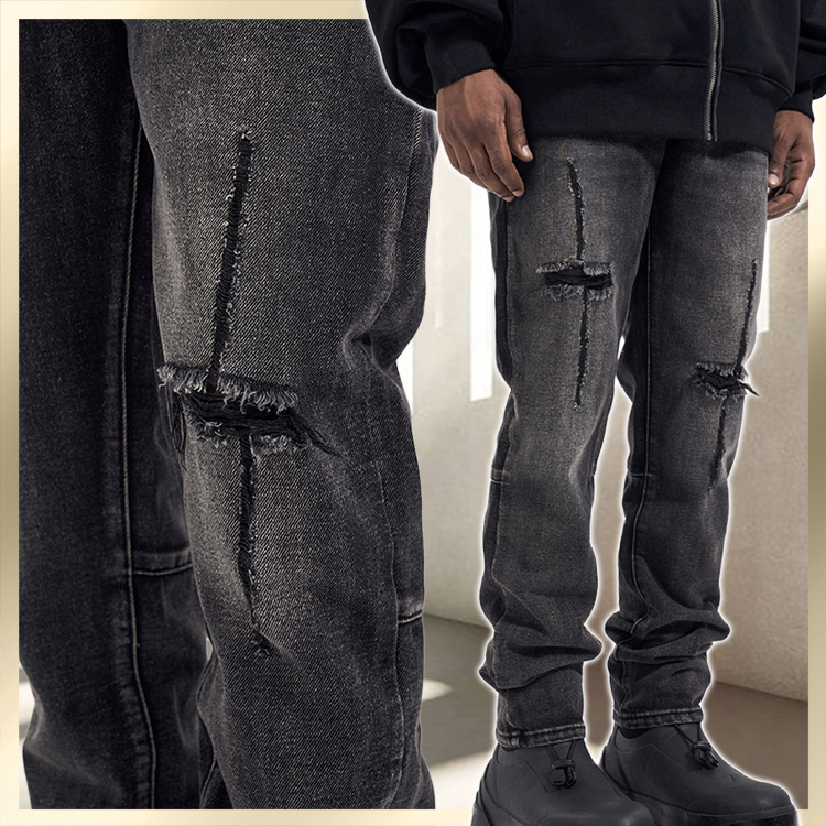 デニム・ジーパン Luxury Street Wear Washed Black Crush Denim Pants unisexual
