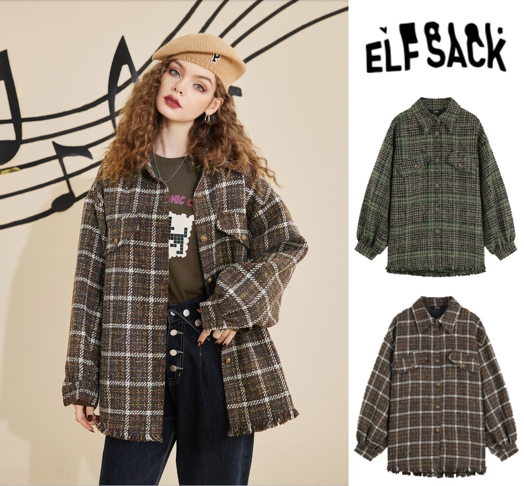 送料関税込み＜ELF SACK＞シャツ式チェックコート★大人気★新作