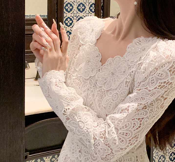 リアリボンレースミディワンピース/結婚式2次会/パーティー リアリボンレースミディワンピース/結婚式2次会パーティーb13311