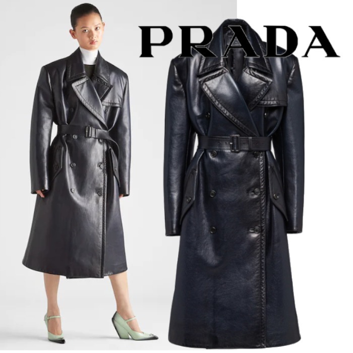上品 22AW◇新作【PRADA】ダブルブレスト トレンチコート レザー