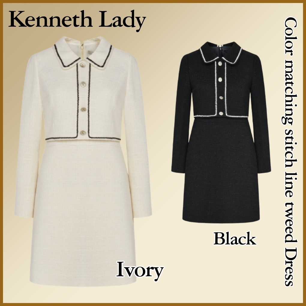 ◆Kenneth Lady 配色ステッチラインツイードワンピース