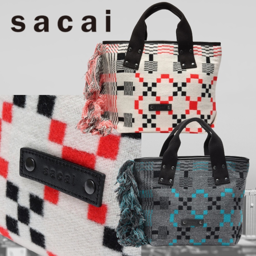 sacai 幾何学模様 フリンジ ミディ トートバッグ ハンドバッグ