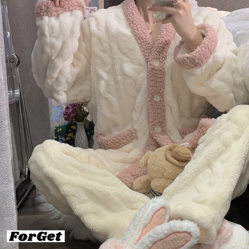 韓国 もこもこ パジャマ 上下 ボア セットアップ ルームウェア