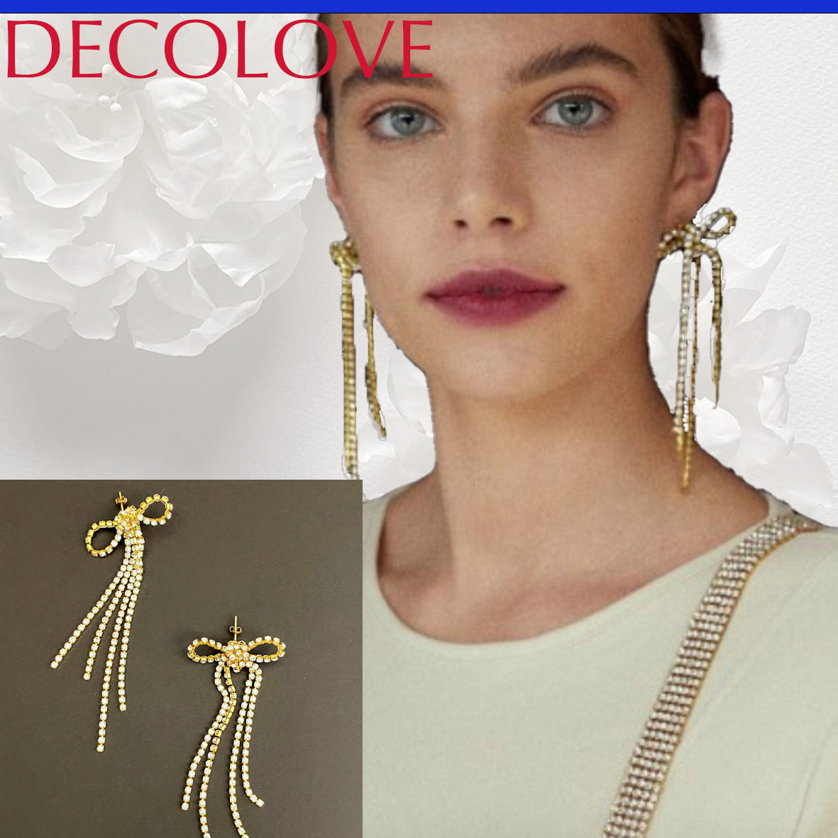 【DECOLOVE】クリスタルロングリボンピアス CUTEでエレガント