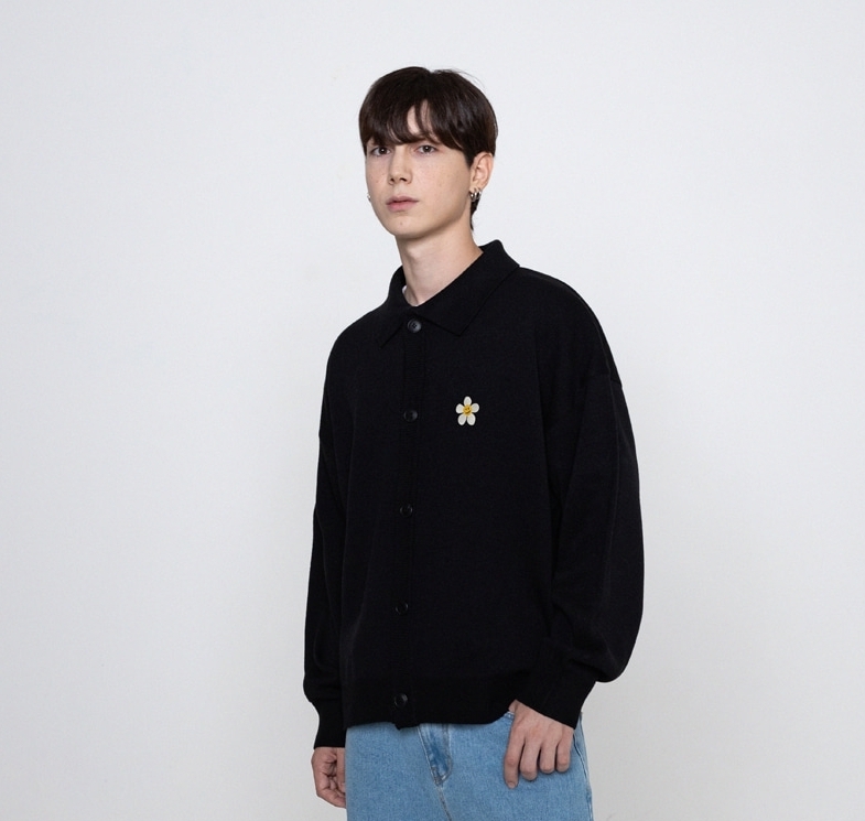 [GRAVER]★FLOWER DOT EMBROIDERY STRIPE COLLAR KNIT UNISEX] Flower Dot Embroidery Knit Stripe Hooded Zip-up