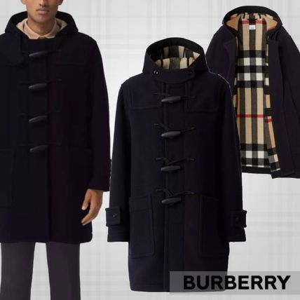 Burberry Duffle Tartan Unisex Wool Nylon Street Style Plain Cotton Long