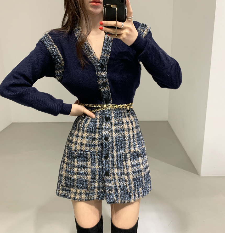 綺麗め ボタン Ｖネック  ツイードジャケット ワンピース