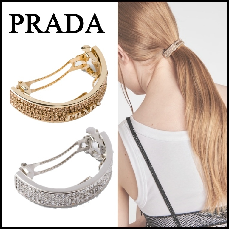 【PRADA】プラダ クリスタル付 ブラス ヘアクリップ メタル ロゴ
