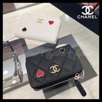 CHANEL Calfskin Plain Leather Small Wallet Logo Coin Cases