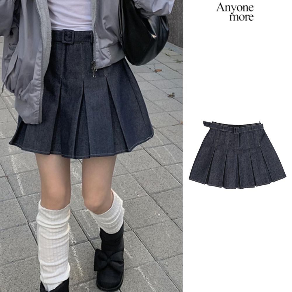 【Anyone more】Daniel Belt Denim Pleated Mini Skirt