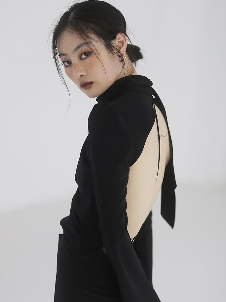 リュクス シンプル  モード ロング ブラック ワンピース リュクス シンプル モード ロング ブラック ワンピース