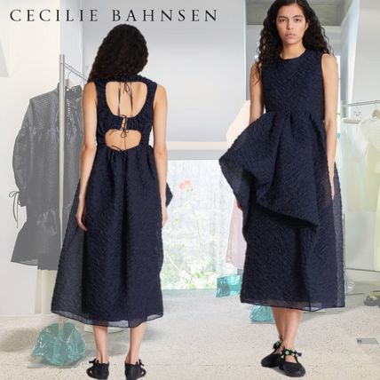 CECILIE BAHNSEN Dresses Maxi Blended Fabrics Sleeveless Flared U-Neck Plain Long