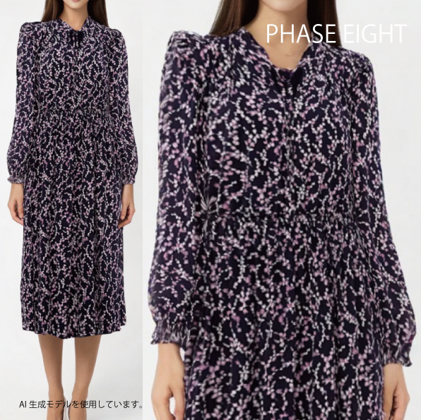 【PHASE EIGHT】Shay フローラル ミディドレス タイネック