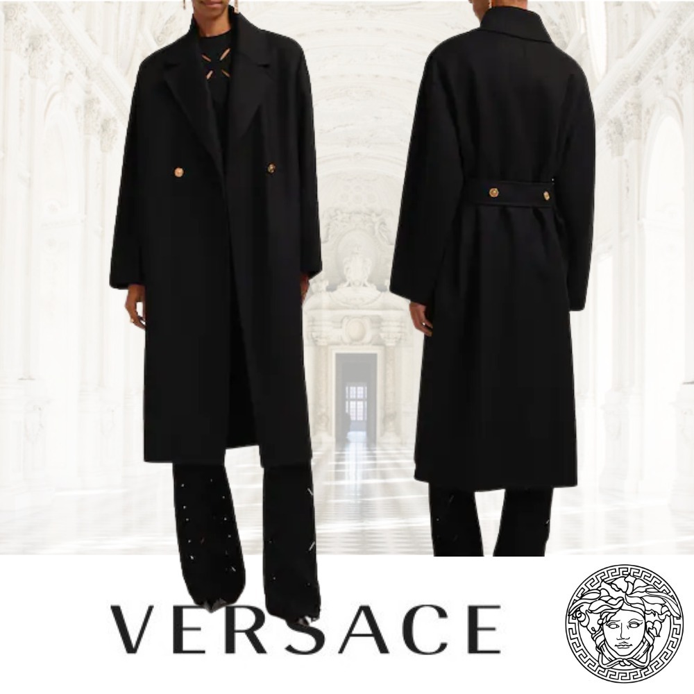 VERSACE ベルト付き ダブルウールミディコート ブラック
