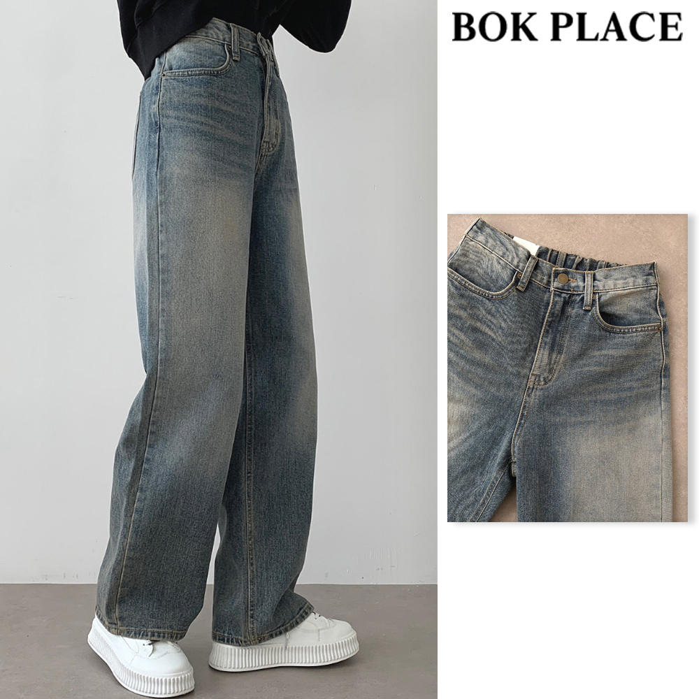 【BOK PLACE】Back banding dequat washing long wide denim pt