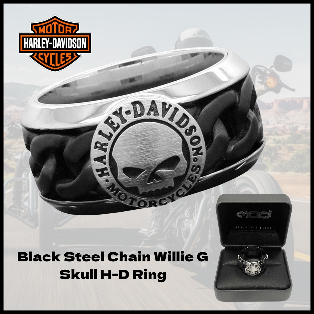 【Harley Davidson】Black Steel Chain Willie G Skull Ring