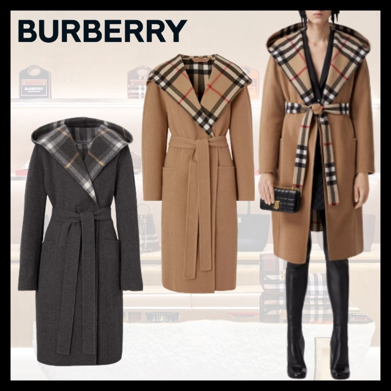★Burberry★チェックディテール ウール フーデッドラップコート