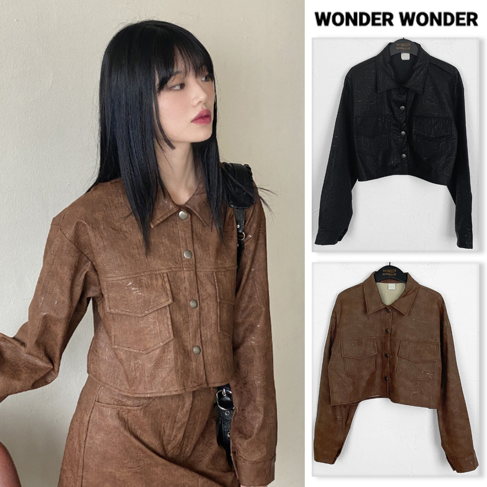 【WONDER WONDER】Kia crack cropped leather jacket