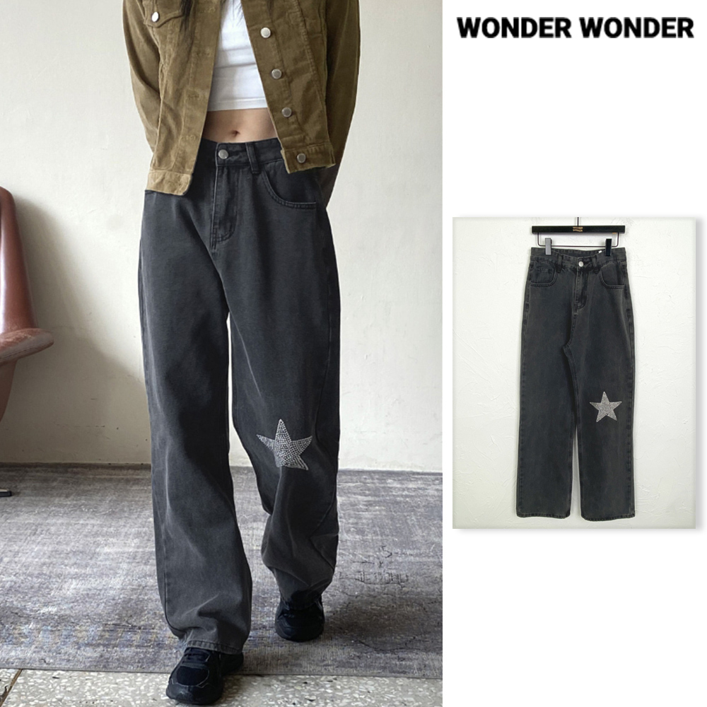 【WONDER WONDER】Dalph Star Cubic Black Blue Wide DenimPants