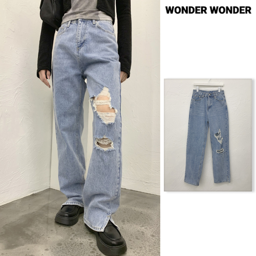 【WONDER WONDER】Odd Damage Slit Wide Light Blue Denim Pants