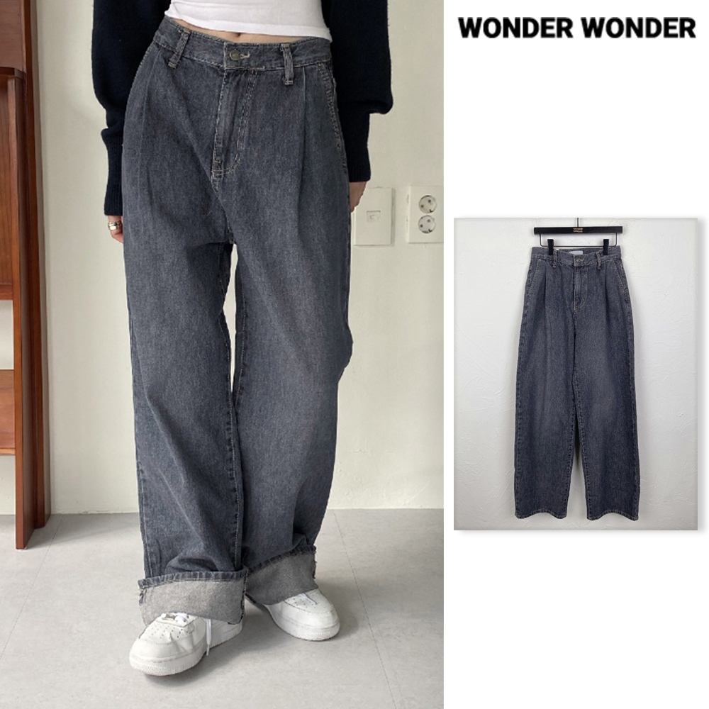 【WONDER WONDER】Cron Pintuck Roll-Up Wide Denim Pants