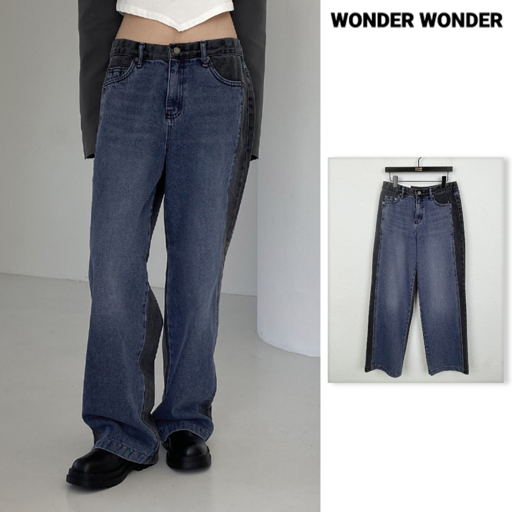 【WONDER WONDER】Nitiz Color Matching Wide Denim Pants