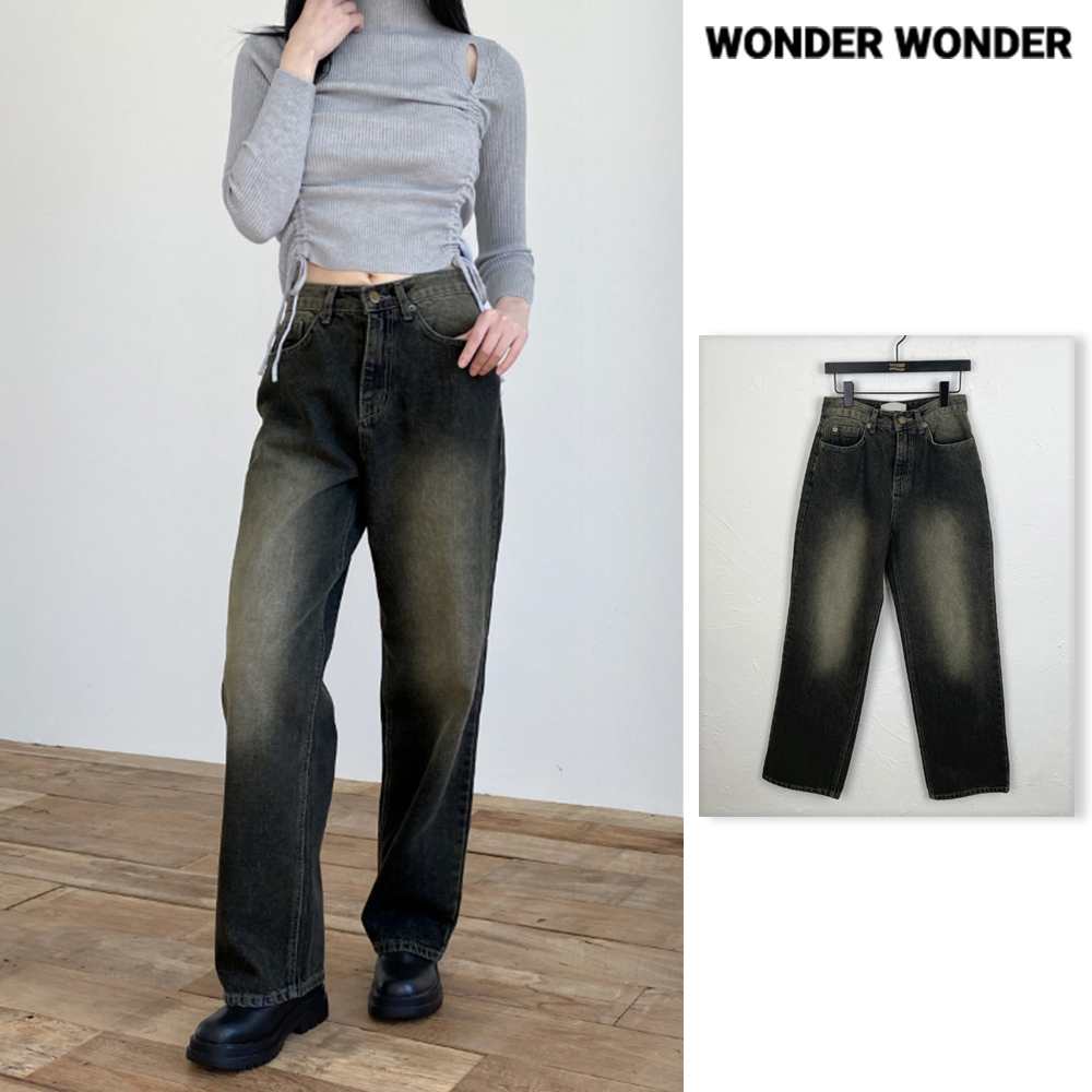 【WONDER WONDER】Hick Teen Brush Black Blue Wide Denim Pants