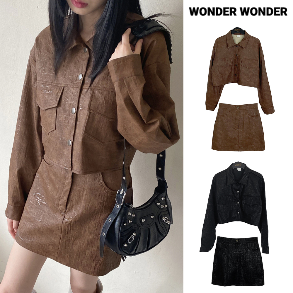 【WONDER WONDER】[SET] Kia crack leather JK + mini SK 2piece