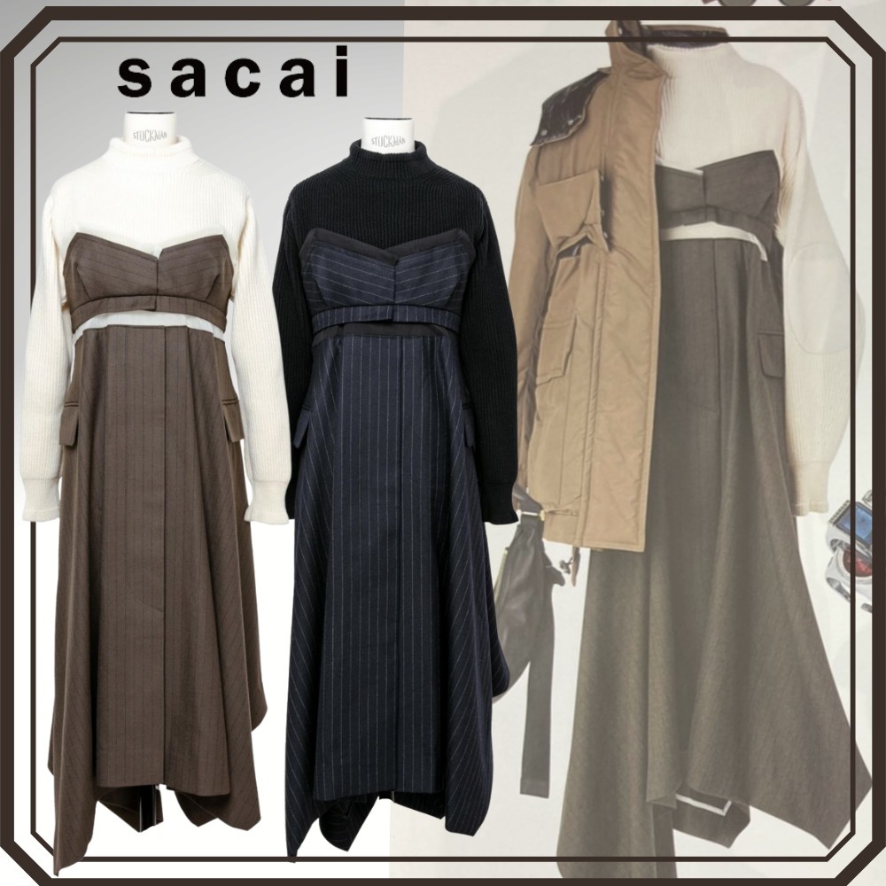 ◆関税込◆*sacai*ウールニット チョークストライプミディドレス