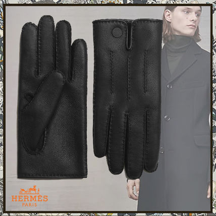 HERMES Leather & Faux Leather Silk Plain Leather Logo Leather & Faux Leather Gloves