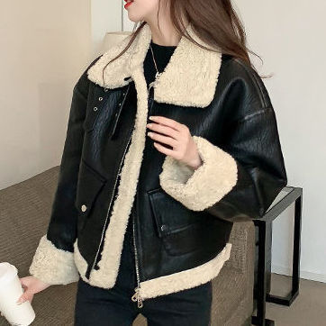 フェイクレザー ジャケット 裏ボア レディース バイカラー 韓国