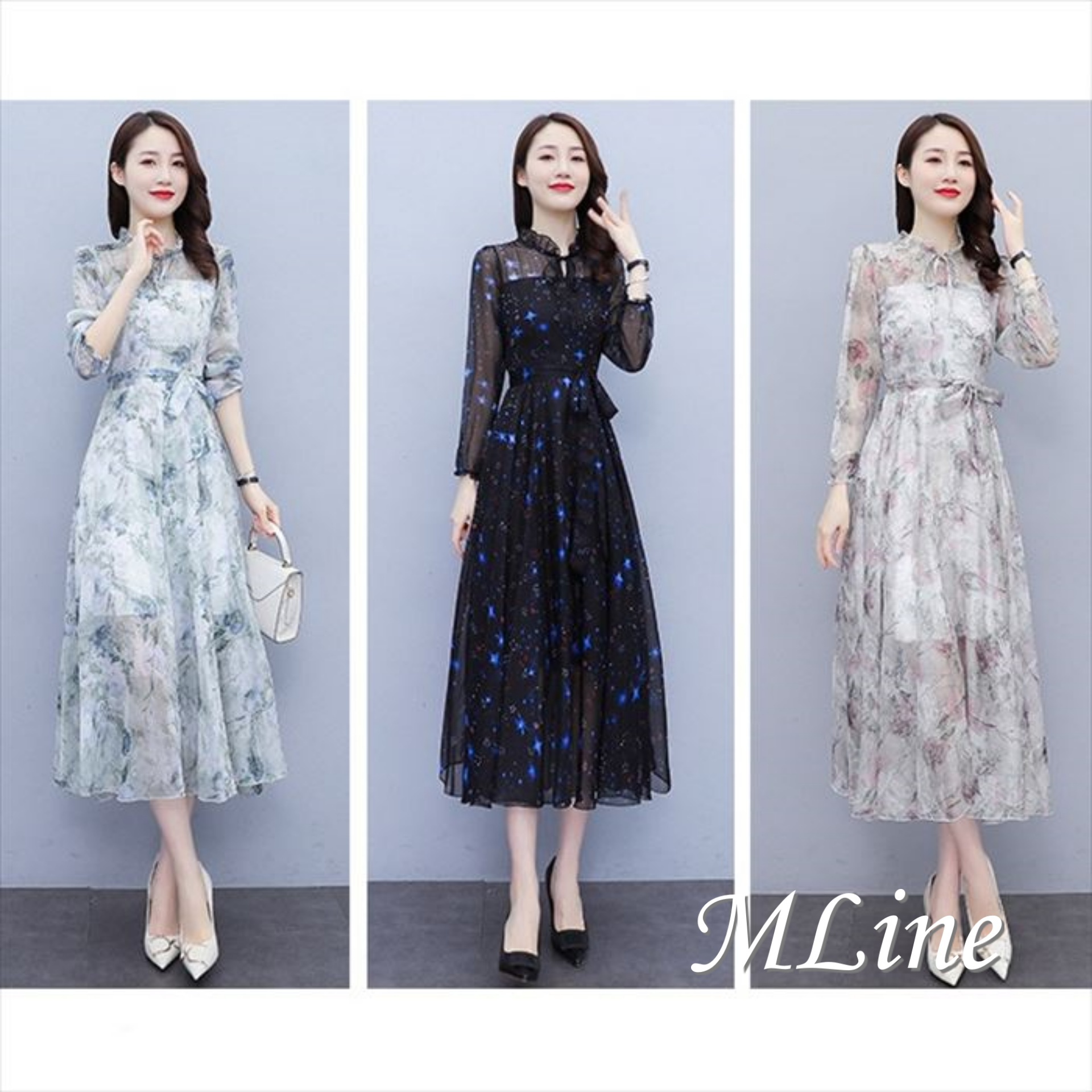 3色 シフォン ワンピース ドレス 立ち襟 共布ベルト 肌透け 上品