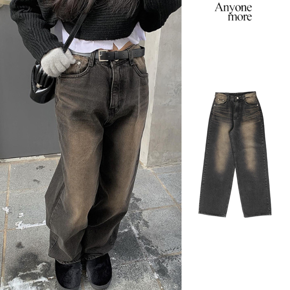 【Anyone more】Black Brown Luge Wide Denim Pants