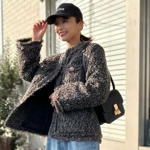 LCO-2211-006 ジャケット ツイード ノーカラー フリンジ 長袖