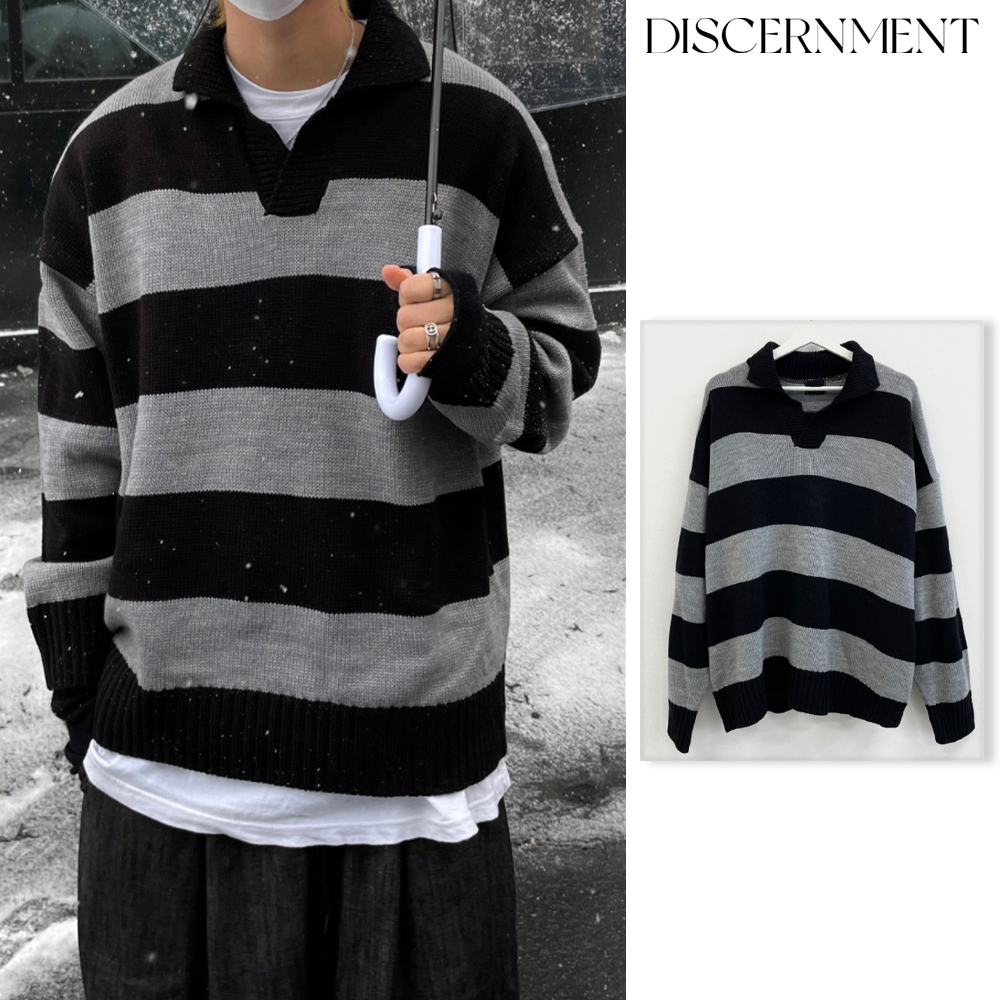 【DISCERNMENT】Non Button Stripe Collar Knit