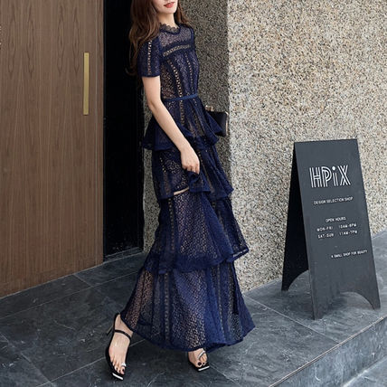 韓国 ワンピース パーティードレス レース ティアードロング