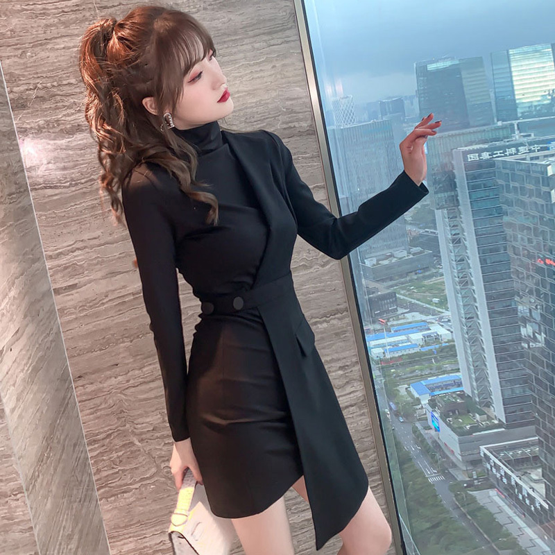 ドレス ワンピース ショート 長袖 無地 タイト ハイネック 韓国