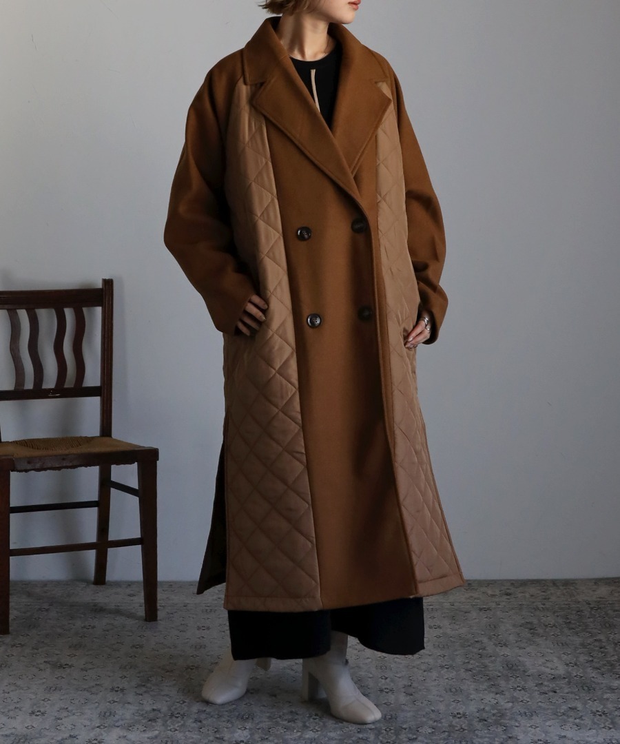 キルティング切替ロングコート