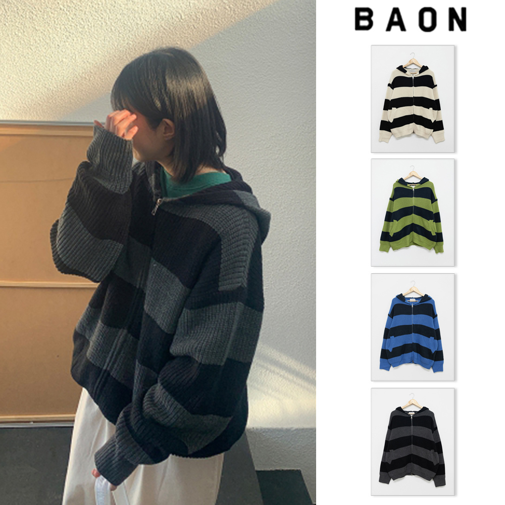 【BAON】[unisex] Mihins Stripe Hood Knit Zip-up