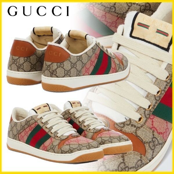 GUCCI ダブルG ストライプ ベージュファブリック スニーカー www