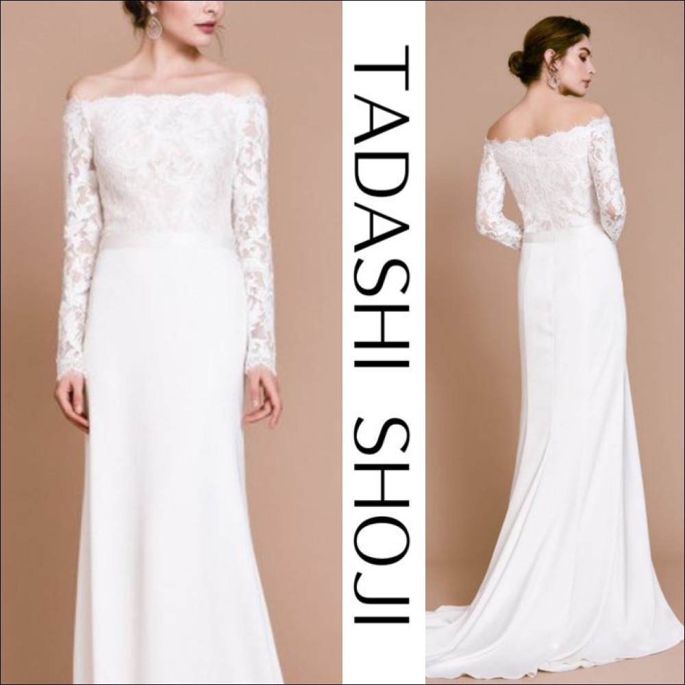 購入価格 【TADASHI SHOJI】ロング ドレス レース クレープ ホワイト